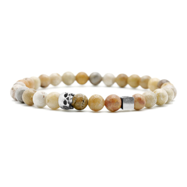 Nato Cuff - Bracelet Skull en Argent Tete de mort - Pierre Fossil Coral 6mm - Bijoux Homme ou Femme Bracelet Skull Cube Argent 925