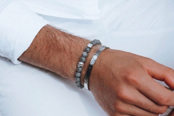 Nato Cuff - Bracelet Skull en Argent Tete de mort - Pierre Larvikite 6mm - Bijoux Homme ou Femme 2 Bracelet Skull Cube Argent 925